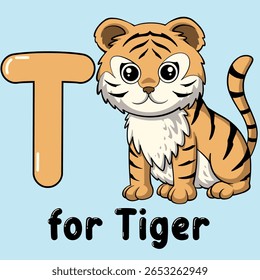 Tiger Cub Education: Um filhote de tigre ilustrado bonito acompanha a letra "T" e a frase "para tigre", perfeito para o aprendizado precoce