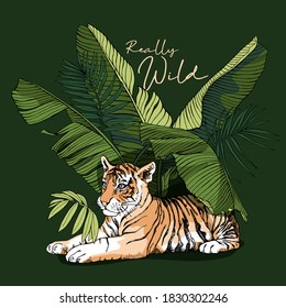 Tiger cub in the exotic palm leaves. Card, t-shirt composition, hand drawn style print. Vector illustration.
