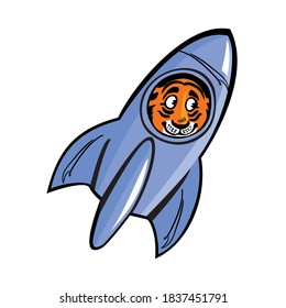 tiger cub flying in a rocket, cute character