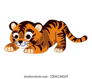 Tiger cub. Funny, cartoonish drawing of a little baby tiger. A playful, wild, predatory animal. Mammal of the feline family with bright red fur and stripes. Vector, graphics for print and web design
