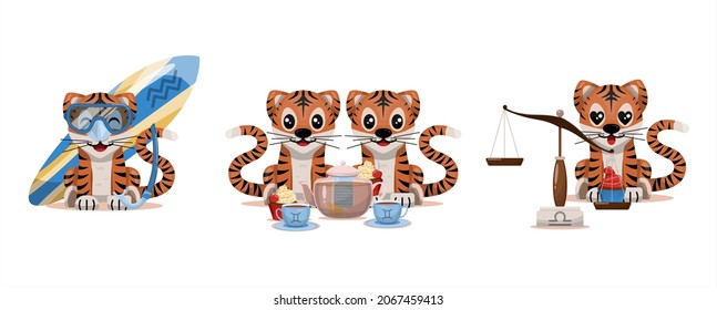 Tiger cub with gemini, aquarius, libra zodiac sign Astrological sign icon Vector cartoon illustration Horoscope and Eastern New Year.