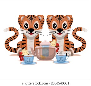 Tiger cub with gemini zodiac sign Astrological sign icon Vector cartoon illustration Horoscope and Eastern New Year.