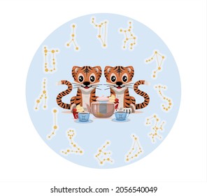 Tiger cub with gemini zodiac sign Astrological sign icon Vector cartoon illustration Horoscope and Eastern New Year.