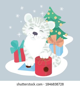 Tiger cub with gifts and a New Year tree. Vector illustration.