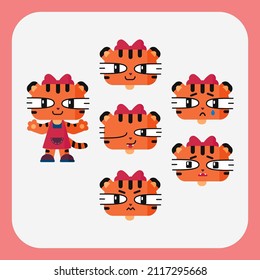 Tiger cub girl in a dress. Emotional card: joy, sadness, anger, winks