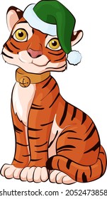 A tiger cub in a golden collar with a bell and a green New Year's cap.