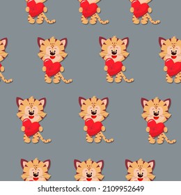 El cachorro tigre sostiene un regalo en forma de corazón rojo. Patrón vectorial en un estilo plano. Patrón simple y transparente. Antecedentes del Día de San Valentín.