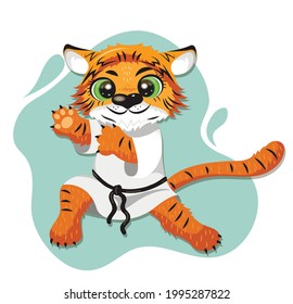 Tiger cub in a kimono. A cute tiger doing martial arts. Vector illustration.