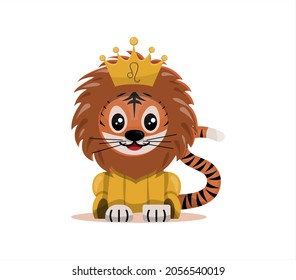 Tiger cub with leo zodiac sign Astrological sign icon Vector cartoon illustration Horoscope and Eastern New Year.