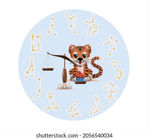 Tiger cub with libra zodiac sign Astrological sign icon Vector cartoon illustration Horoscope and Eastern New Year.