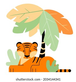 El cachorro de tigre está tumbado bajo una palmera. Una imagen vectorial en un estilo plano sobre un fondo blanco aislado. Un personaje de una caricatura. El símbolo del año. Dibujo para imprimir, postales.