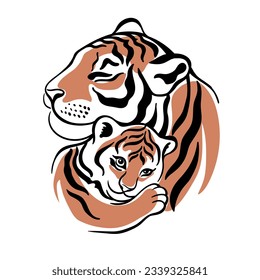 Tiger and tiger cub. Mom and baby in hugs. Motherhood. Illustration isolated on white background