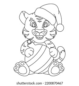 a tiger cub in a New Year's hat of Santa Claus is sitting with a New Year's toy ball, hand drawing, line 