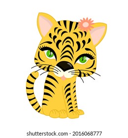 Cachorro de tigre sobre un fondo blanco. Carácter tigre lindo aislado. Símbolo del año 2022.Ilustración vectorial