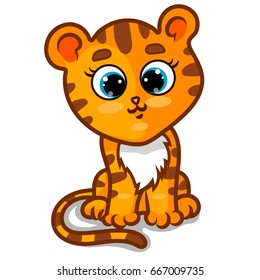 Tiger Cub (Panthera Tigris) Character Against White Background, Cartoon Hand Drawn Vector Illustration EPS 10