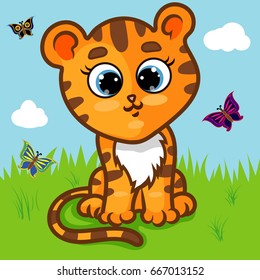 Tiger Cub (Panthera Tigris) Character on Grass, Butterflies, Cartoon Hand Drawn Vector Illustration EPS 10