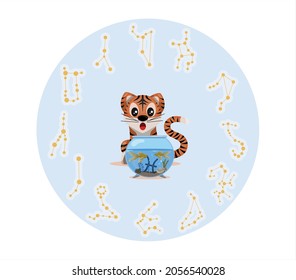 Tiger cub with pisces zodiac sign Astrological sign icon Vector cartoon illustration Horoscope and Eastern New Year.