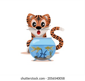 Tiger cub with pisces zodiac sign Astrological sign icon Vector cartoon illustration Horoscope and Eastern New Year.