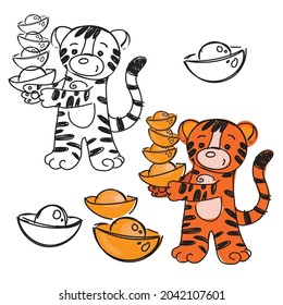 tiger cub red symbol of the year 2022 doodling sketch in vector with Chinese gold bars on a white background black and white and color