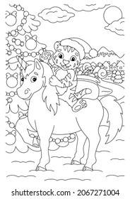 A tiger cub riding a unicorn greets the new year. Coloring book page for kids. Cartoon style character. Vector illustration isolated on white background.