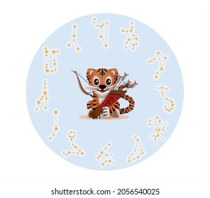 Tiger cub with sagittarius zodiac sign Astrological sign icon Vector cartoon illustration Horoscope and Eastern New Year.