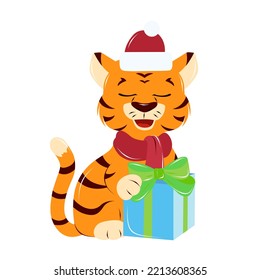 a tiger cub in a Santa Claus New Year's hat is sitting with a gift, hand drawing 