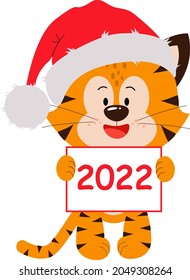 A tiger cub with a sign of the year 2022. Cute tiger. The muzzle of a tiger cub with brown stripes, the symbol of the new year 2022 on a white background.