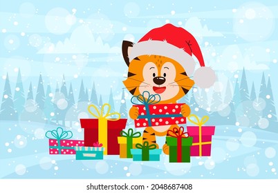 The tiger cub is sitting with gifts from the winter forest. Happy New Year and Merry Christmas. Thank you for your kindness over the past year."Year of the Tiger" 2022.