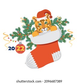 A tiger cub sitting in a New Year's sock. Christmas card with the symbol of the new year.