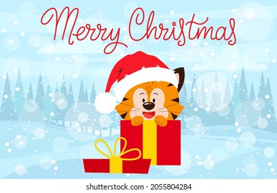 The tiger cub is sitting in a red gift. A Christmas card. Flat design (translation : Tiger, Chinese New Year) . 2022 is the year of the Tiger.