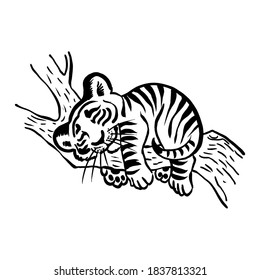 cachorro tigre durmiendo en un árbol, imagen en blanco y negro