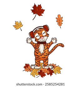 Сheerful tiger cub surrounded by falling fall leaves. Vector illustration with doodle style. 