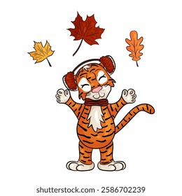 Сheerful tiger cub surrounded by falling fall leaves. Vector illustration with doodle style. 
