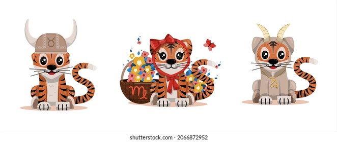 Tiger cub with taurus, virgo, capricorn zodiac sign Astrological sign icon Vector cartoon illustration Horoscope and Eastern New Year.