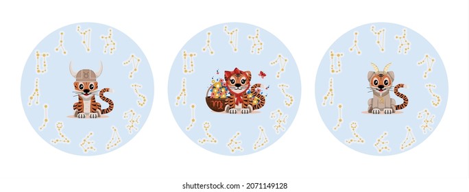 Tiger cub with taurus, virgo, capricorn zodiac sign Astrological sign icon Vector cartoon illustration Horoscope and Eastern New Year.