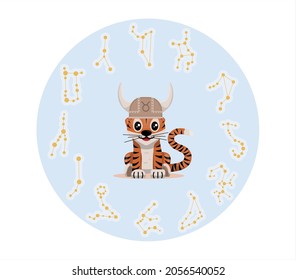 Tiger cub with taurus zodiac sign Astrological sign icon Vector cartoon illustration Horoscope and Eastern New Year.