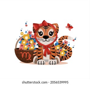 Tiger cub with virgo zodiac sign Astrological sign icon Vector cartoon illustration Horoscope and Eastern New Year.