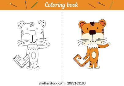 The tiger cub waves its paw. Coloring book for children with color example. Educational leisure. Vector illustration animal tiger for coloring.