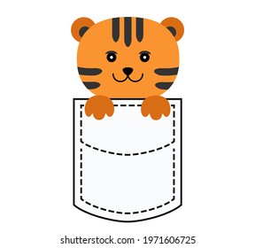 A tiger cub in your pocket, a pocket friend, a symbol of 2022. Vector image, suitable for children's clothing, postcards, posters, posters.