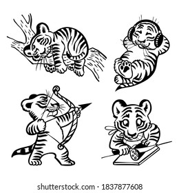 tiger cubs character set, stickers, collection, black and white