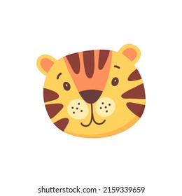 Tiger cute animal face isolated flat cartoon head. Vector funny childish mask, jungle african and southern asia animal, cute comic emoticon emoji design. Bengal siberian tiger, safari jungle mammal