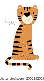 Tiger . Cute animals cartoon characters . Flat shape and line stroke design . Vector illustration .