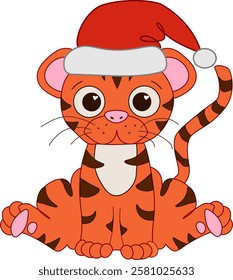 Tiger cute baby wearing santa claus hat vector composition. Graphic line illustration isolated on white background. chinese lunar new year, CNY lantern festival 2034 mascot
