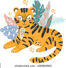 Tiger cute doodle hand drawn flat vector illustration. Wild rainforest animal vector poster floral background.Grass branches with leaves, flowers and spots design element. Tropical jungle. 