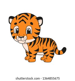 Tiger. Cute flat vector illustration in childish cartoon style. Funny character. Isolated on white background.