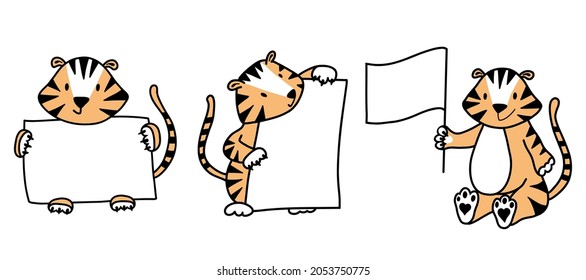 Tiger Cute Holding Banner White Sheet Flag Ad Doodle Style Kids Wild Discount Pay Attention Stickers Or Icons