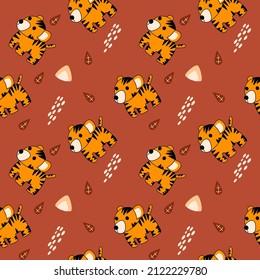 Tiger so cute on red background. Pattern vector and illustration.