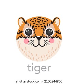 Tiger Cute portrait with name smiley cartoon round shape animal, isolated vector icon illustrations on white background. Flat simple hand drawn for ui, app, kids poster, cards, t-shirts, baby clothes