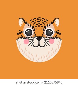 Tiger Cute portrait square happy head cartoon round shape animal face, isolated vector icon illustration. Flat simple hand drawn for UI, app, mobile kids poster, cards, t-shirts, baby clothes