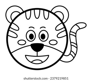 Tiger - Cute and Simple Face Black Outline Art Vector Graphic Element for Describing Type of Animals, Decorating Zoo Theme Kids' Poster and Coloring Page
